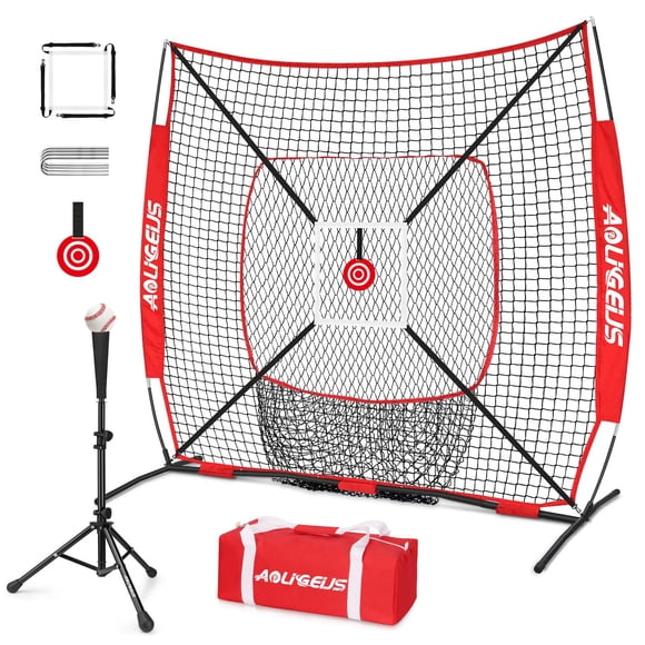 Red de práctica de béisbol AOLIGEIJS 183 x 183 cm con tee y zona de strike