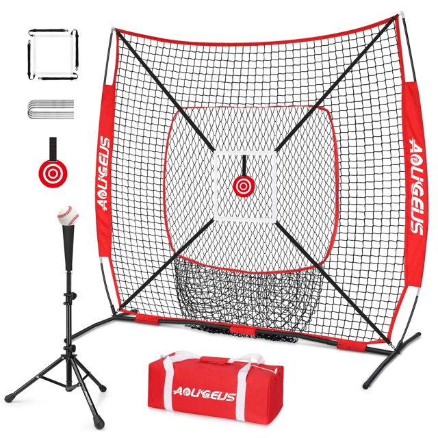 Red de práctica de béisbol AOLIGEIJS 183 x 183 cm con tee y zona de strike