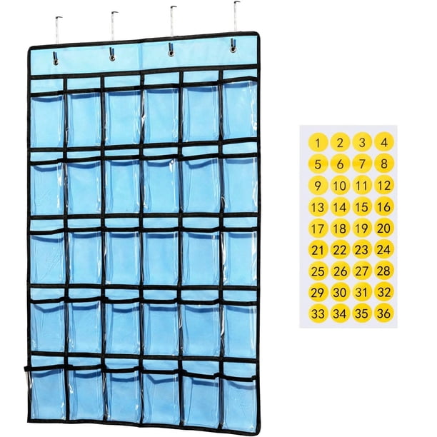 Gráfico de bolsillo para aula para soporte de calculadora de teléfono móvil, 30 gráficos de bolsillo para aula de 33,5 x 24,5 pulgadas para celda colgante (azul)