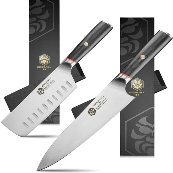 Kessaku 8-Inch Chef and 6-Inch Nakiri - Spectre Series Knife Set - Forged High Carbon Japanese AUS-8 Stainless Steel - Pakkawood Handle with Blade Guards