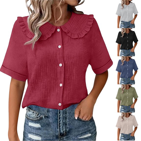 WULMLEO Women's Button Up Shirt 2026 - Peter Pan Collar Short Sleeve Summer Tops Casual Solid Color Dressy Blouse Wine M