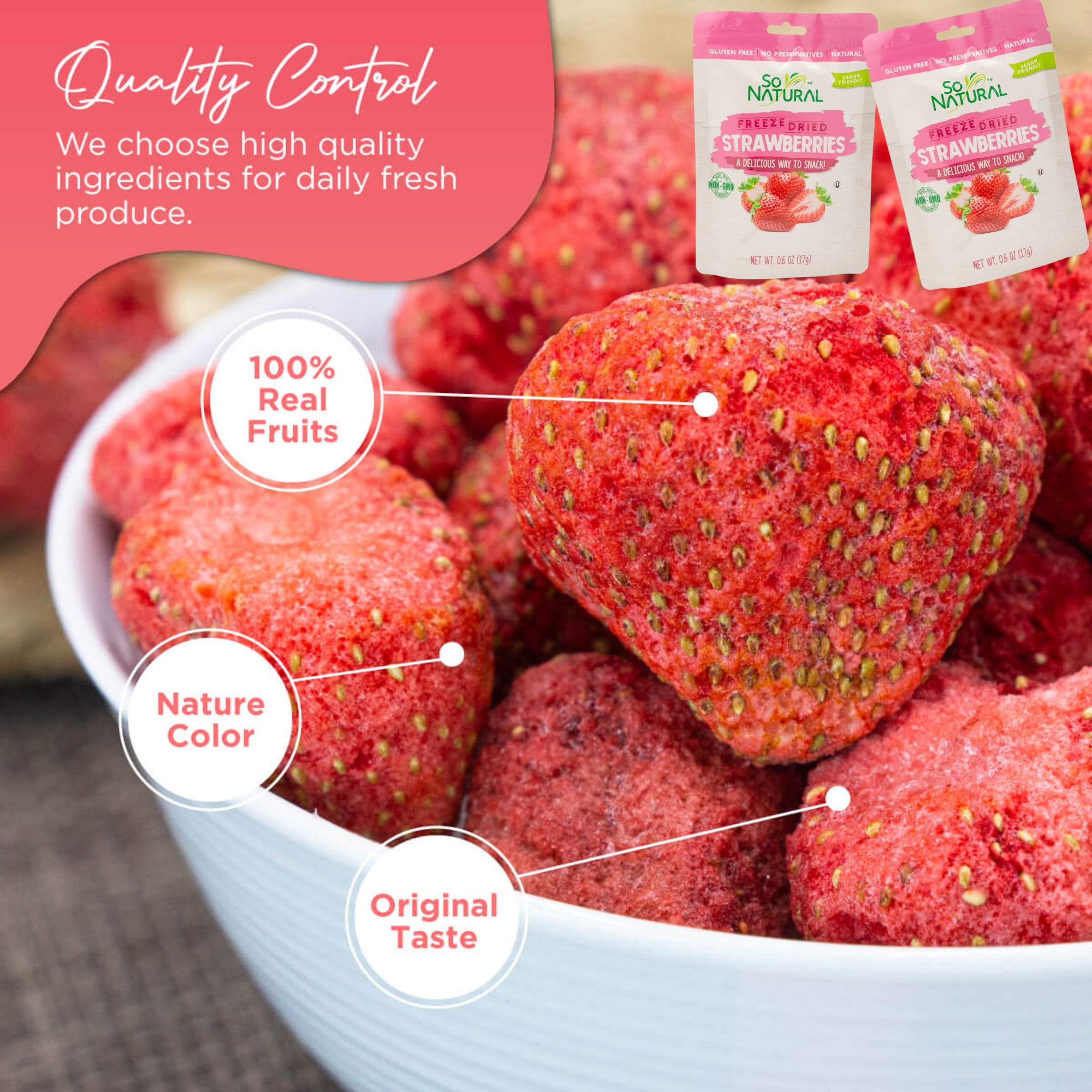 So Natural Freeze Dried Strawberry Slices, Non-GMO Gluten Free and Vegan-Friendly Fruit Snacks with Light Crunchy On The Go Snacking Kids Adults Lunchbox Lunch Travel Pantry Stock 0.6oz Pack of 3