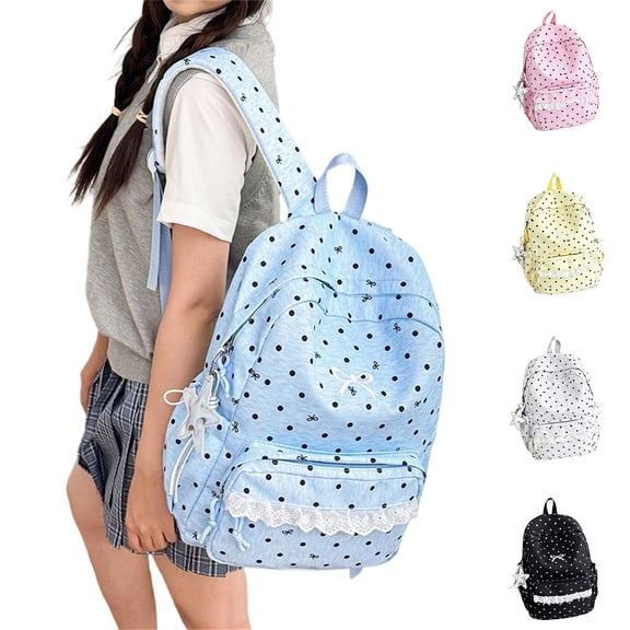 Polka Dot Backpack Girls Cute Coquette Preppy Backpack with Lace Trim Kawaii Lightweight Large Capacity Daypack