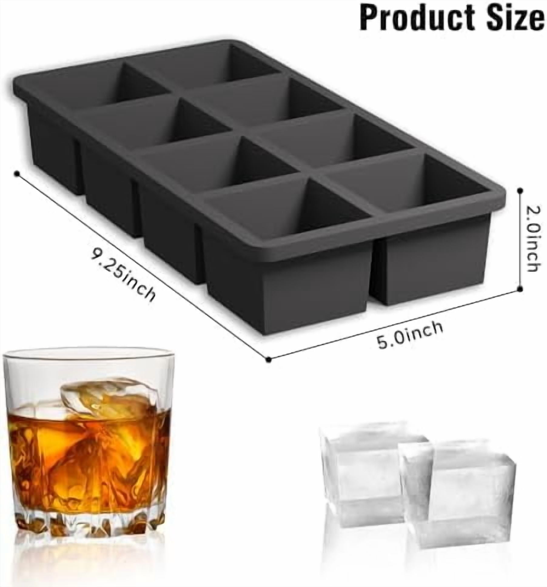 Large Silicone Ice Cube Tray Molds, Big 2 Inch Cubes 3 Pack - Food Grade, Flexible, 8 Cavity Easy Release Slow Melting Ice for Whiskey, Cocktails, Gifts & Christmas - Black (With Lid)
