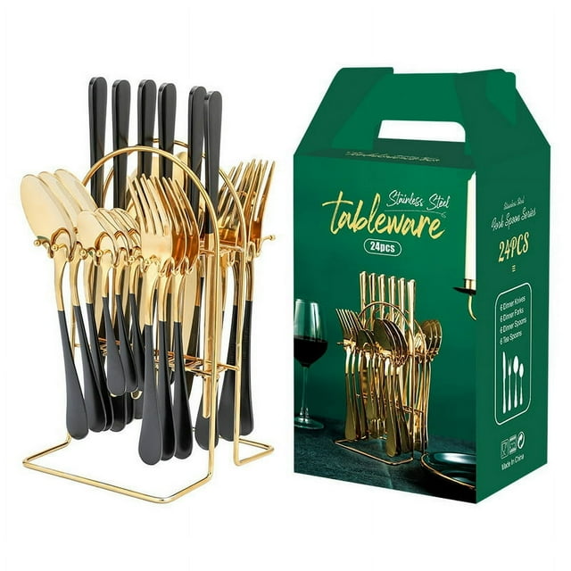 Gold Silverware Set Stainless Steel 24 Piece Anti-Rust Mirror Polished Flatware Gold Utensils Set Service for 6 with Gift Packaging Dishwasher Safe Hotel Tableware Wholesale
