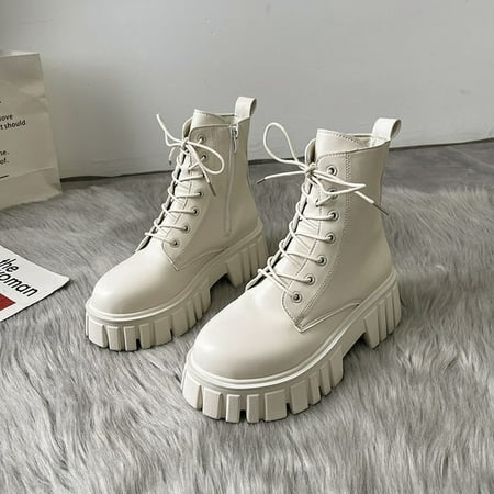 

QWZNDZG New Autumn Winter Women s Shoes Thick Sole Lace-up Side Zippers Boots Leather High Heel Chunky Short Boot for Female