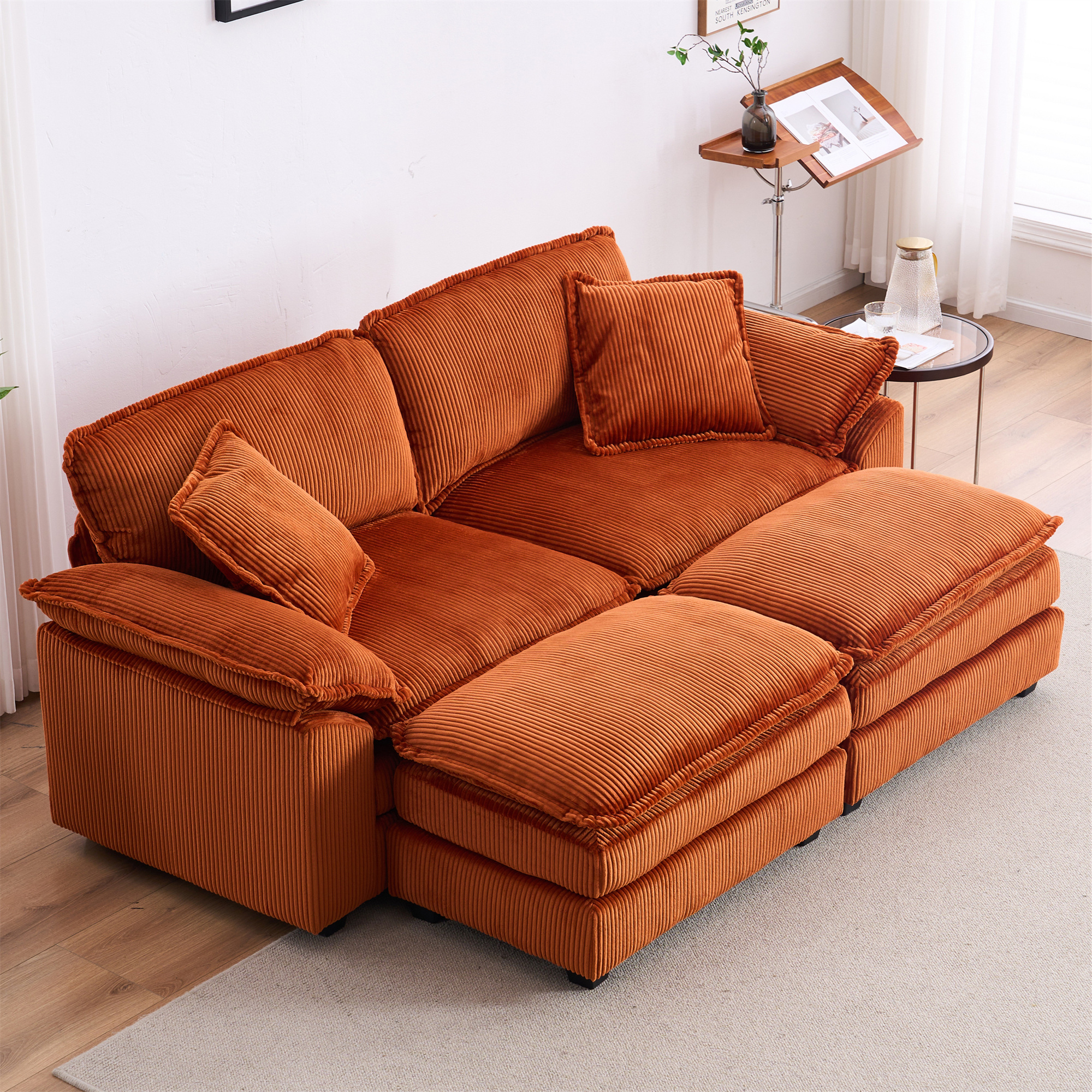 Aukfa Modular Sectional Couch Deep Seat Loveseat Sofa with 2 Ottoman for Living Room, 6 Pillows, Corduroy, Orange