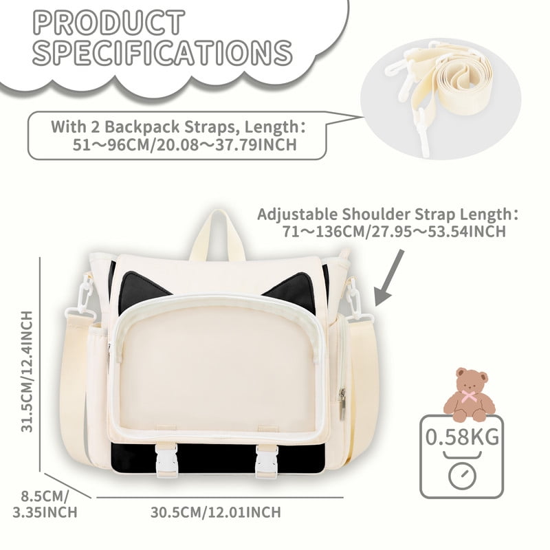 TINYAT Backpack for Women Cute Crossbody Bag DIY Kawaii Anime Y2K Cat Ita Bag for Shop Concert College White