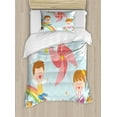 thumbnail image 1 of Pinwheel Twin Size Duvet Cover Set, Children Riding on Rainbow Dreamy Heart Shaped Flowers Fairy Tale Nursery Kids, Decorative 2 Piece Bedding Set with 1 Pillow Sham, Multicolor, by Ambesonne, 1 of 3