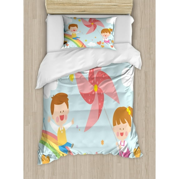 Pinwheel Twin Size Duvet Cover Set, Children Riding on Rainbow Dreamy Heart Shaped Flowers Fairy Tale Nursery Kids, Decorative 2 Piece Bedding Set with 1 Pillow Sham, Multicolor, by Ambesonne