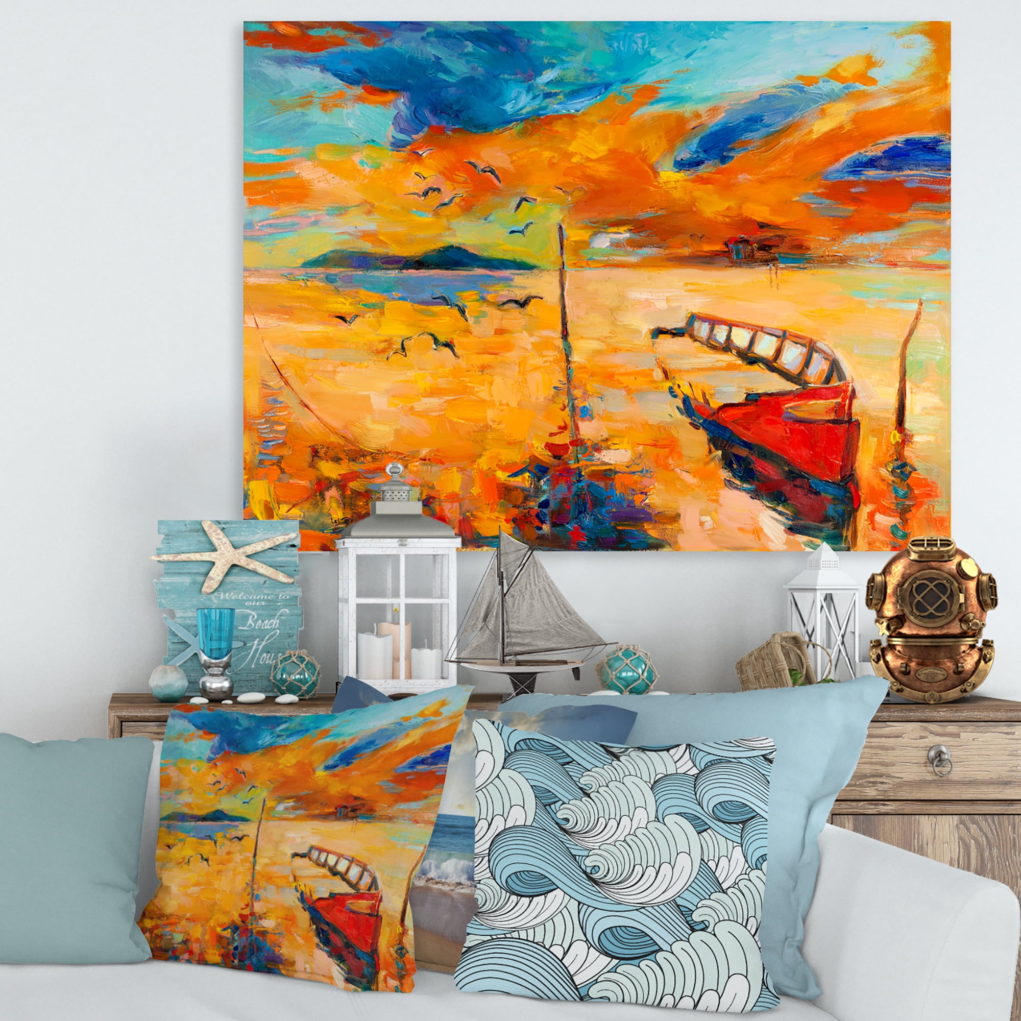 Designart ' Boat At The Lake During Evening Glow VIII ' Nautical & Coastal Canvas Wall Art Print
