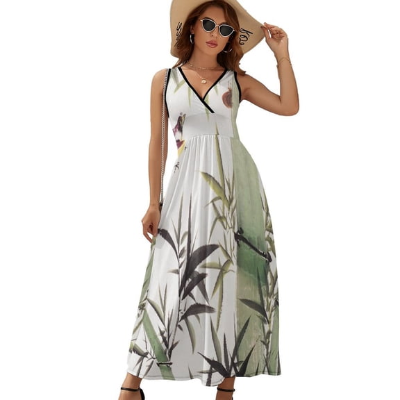 Bamboo Ink Painting Dress Summer Street Style Bohemia Long Dresses Female Sleeveless Printed Maxi Dress