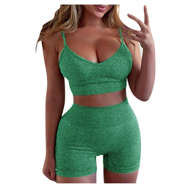  Womens Workout Sets 2 Piece - Seamless Acid Wash Yoga  Outfits Leggings Shorts And Crop Top Matching Gym Activewear Athletic  Clothing Set - Green Large