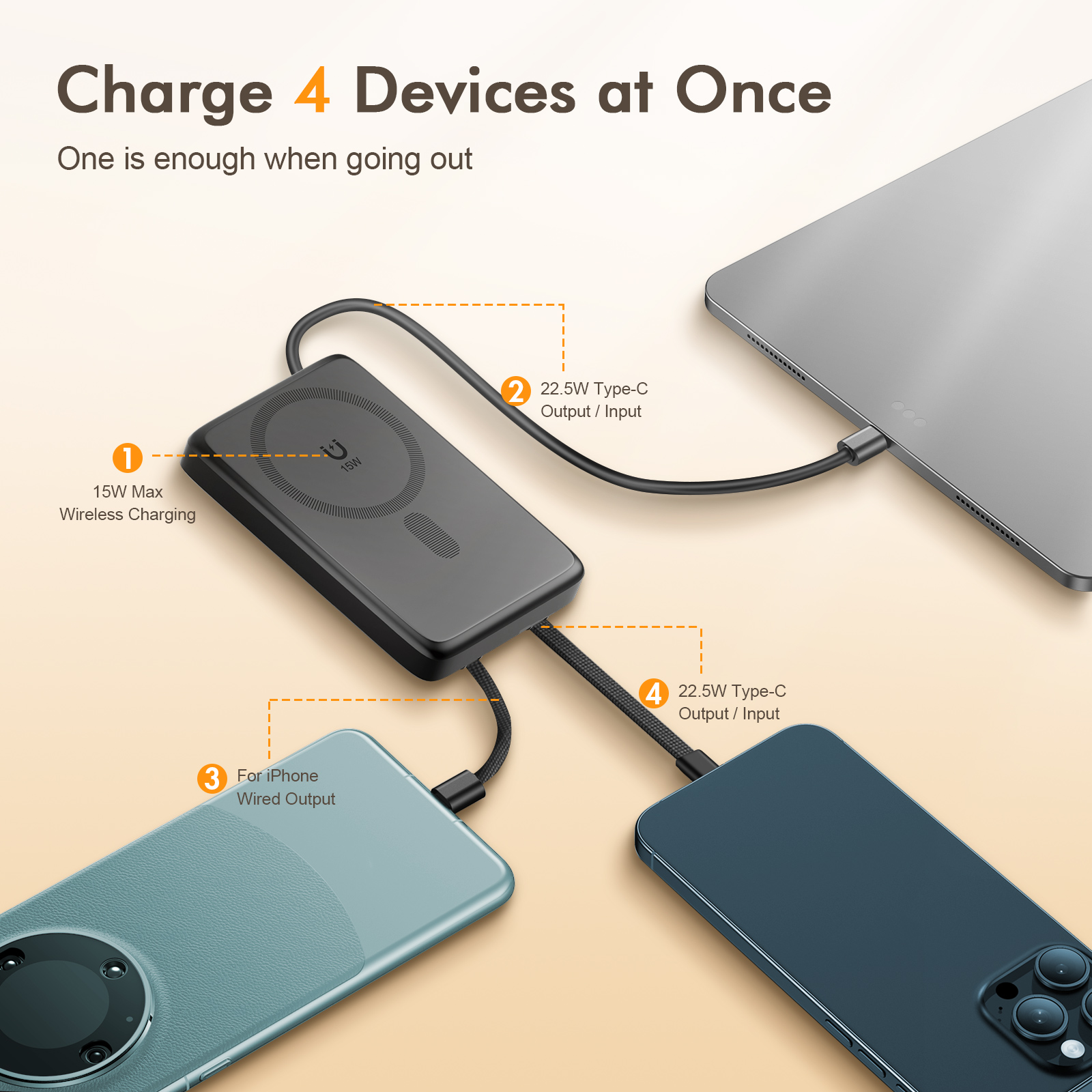 Portable Charger,10000mAh Wireless Power Bank with 22.5W Fast Charging Built-in USB-C Cable and Adjustable Stand, LED Display Battery Pack Compatible with iPhone 17 16 15 14 13 12 Andriod, Black