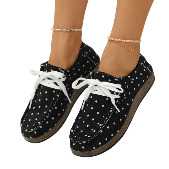 Willtoo Women’s Polka Dot Lace-Up Casual Loafers Round Toe Wide Fit Walking Shoes Vintage Canvas Soft Comfort Slip On Daily Fashion Sneakers