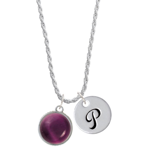Delight Jewelry Silvertone Round - Imitation Cat's Eye - Purple - Silvertone Script Initial Disc - P - Charm Necklace, 20"+3"