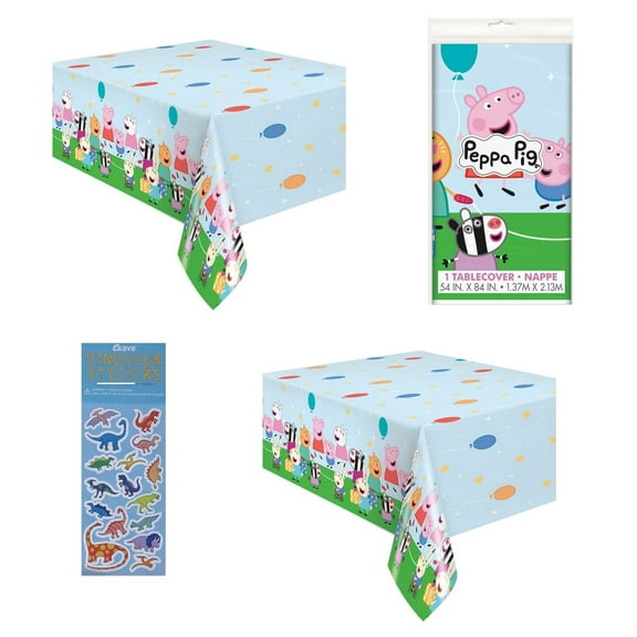 Peppa Pig Party Supplies Bundle Pack Includes 2 Plastic Table Covers and 1 Dinosaur Sticker Sheet