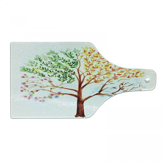 Watercolor Cutting Board, Tree with Changing Seasons Effect on Its Crown Nature Ecology Foliage Theme, Decorative Tempered Glass Cutting and Serving Board, Wine Bottle Shape, Multicolor, by Ambesonne