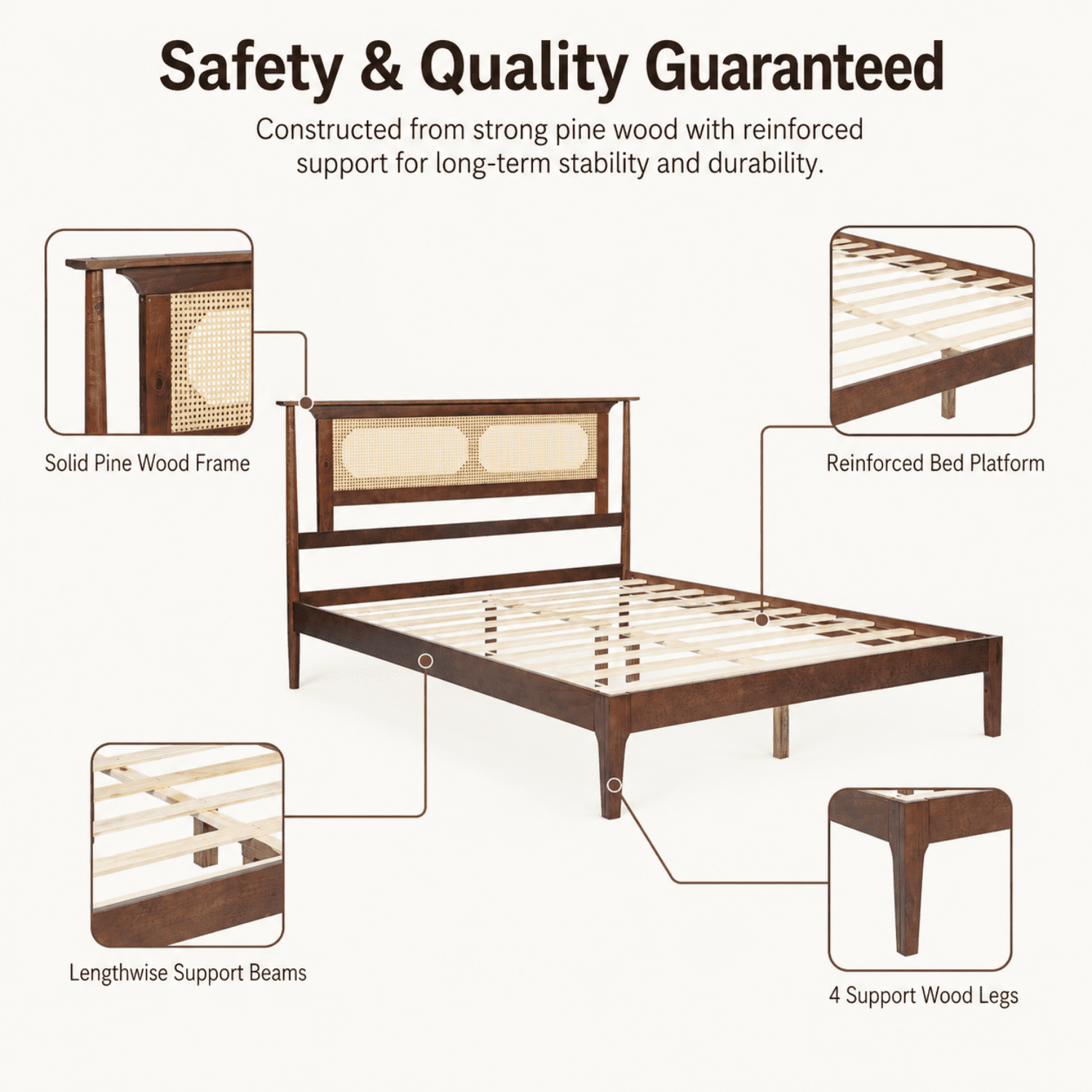 Miniyam Queen Bed Frame with PE Rattan Headboard, Pine Platform Bed, Walnut