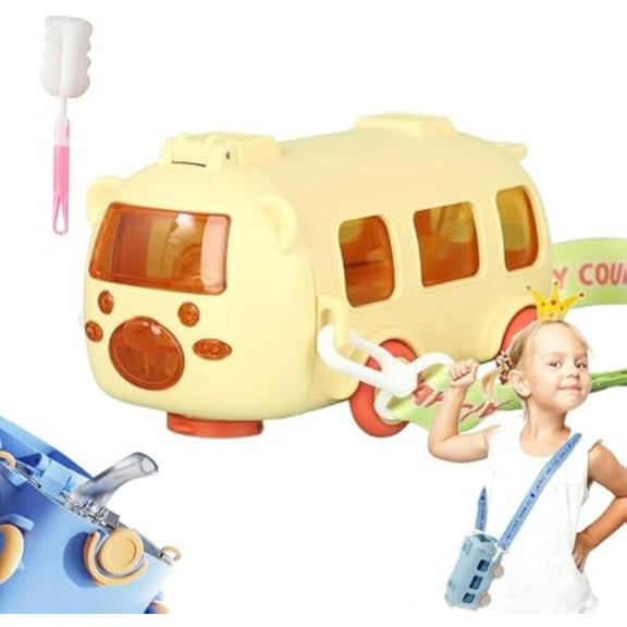 Portable Water Cup in Bus Shape, Water Bottle Bus Water Cup with Straw and Strap, Detachable Fun Toy Bus Water Bottle with Movable Wheels for Boys Girls Camping Trips (Yellow)