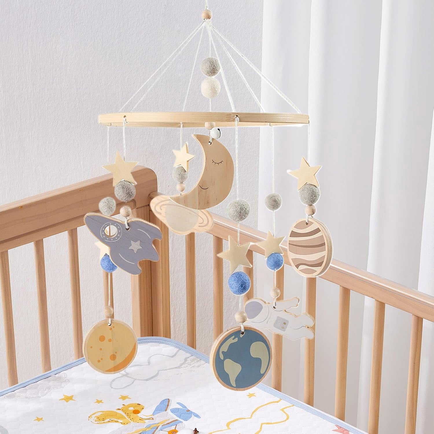 Bassinet Mobile 360° Rotating Space Theme | Wooden Crib Mobile for Baby Boys Girls | Soothing Nursery Decor with Planets Spaceship | Hanging Bedding Toy for Travel Sleep Play(DSF)