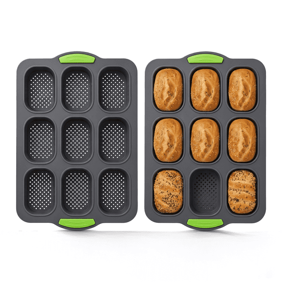 Damkogic 2 Pack 9 Hole Loaf Pan ,Professional Non-Stick Silicone Bread Mold with Reinforced Frame, for French Bread, Baguettes & Small Batch Baking – Dishwasher Safe & Easy Clean