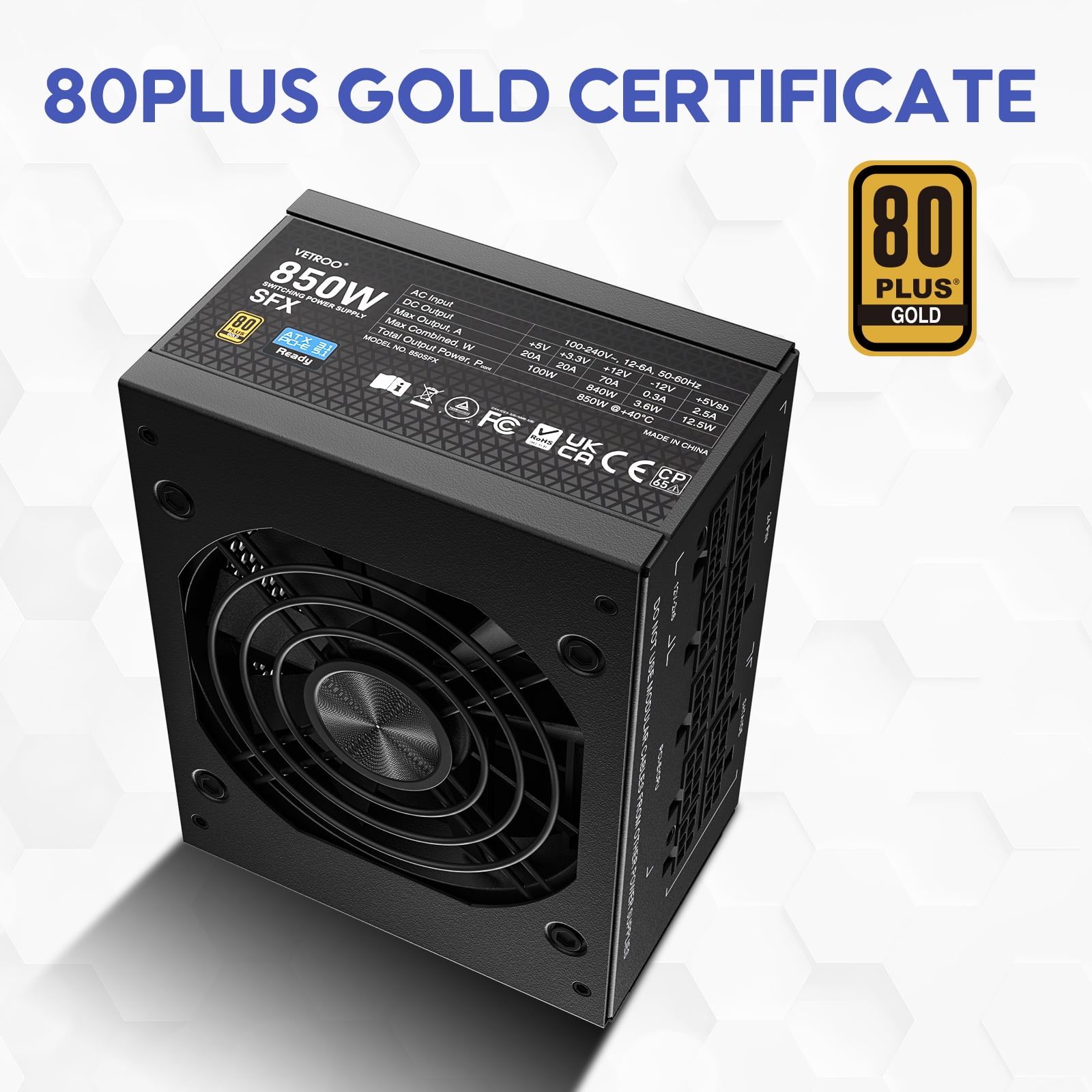 Vetroo 850W Black SFX Power Supply ATX 3.1 & PCIE 5.1 Ready, 80 Plus Gold Certificate Fully Modular