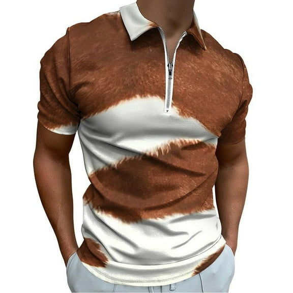 Cow Print Texture Men Zipper T-shirt Summer Casual Short Sleeve T-shirt Top