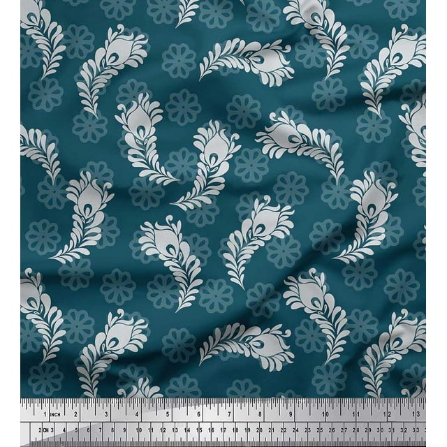 Soimoi polyester Crepe Fabric Floral & Peacock Feather Print Sewing Fabric Yard 42 Inch Wide
