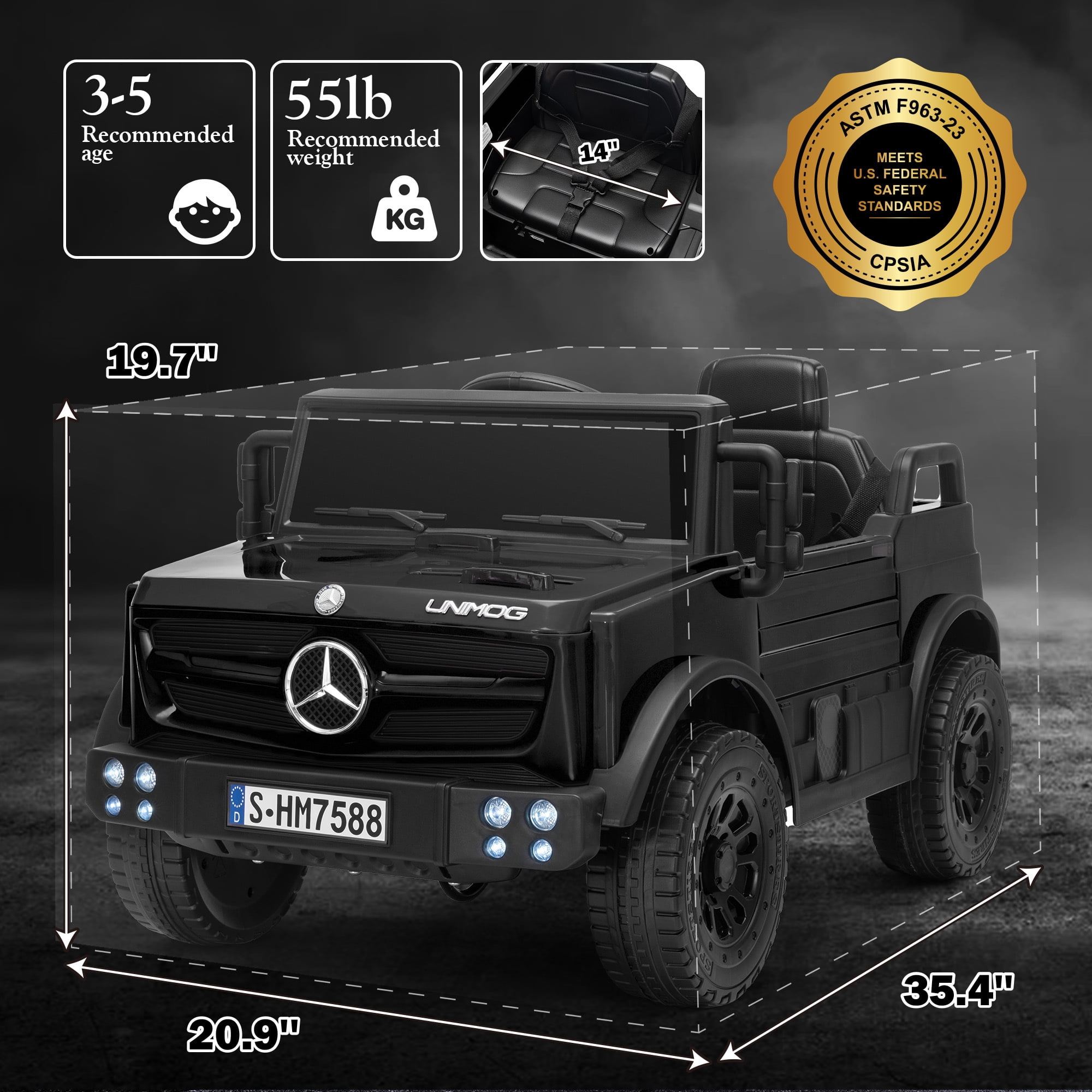 Letsgokid 12V Ride on Car with Parent Remote Control, Licensed Mercedes-Benz UNIMOG Car for Kids, LED Lights, Music & Horn, Soft Start, Low Battery Prompt, Kids Electric Vehicle for Boys Girls