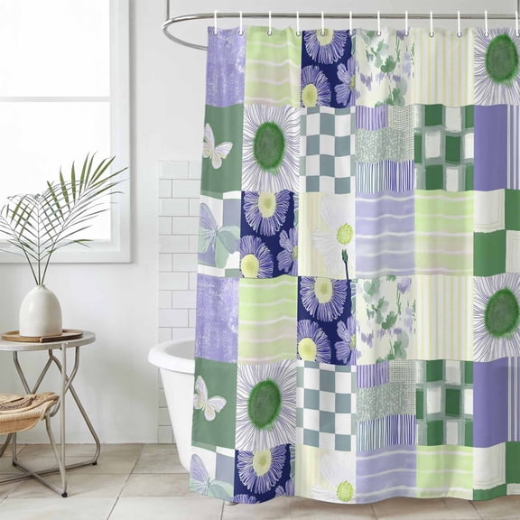Spring Floral Checkered Small Stall Shower Curtain, Waterproof Shower Curtains for Bathroom, Sage Green Purple Buffalo Plaid Washable Fabric Bath Curtain for Bathtub with Hooks 36x78 Inches