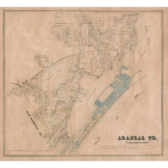 Historic County Map - Aransas County Texas - Walsh 1880 - 25.09 x 23 - Vintage Wall Art