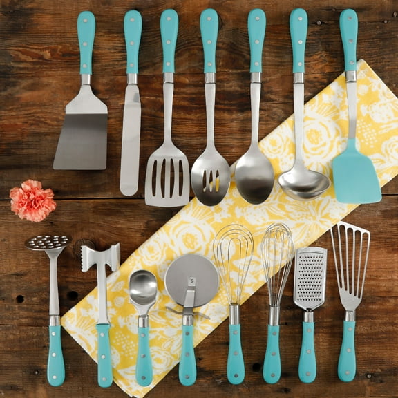 The Pioneer Woman Frontier Collection 15-Piece Stainless Steel Kitchen Utensil and Gadget Set, Turquoise