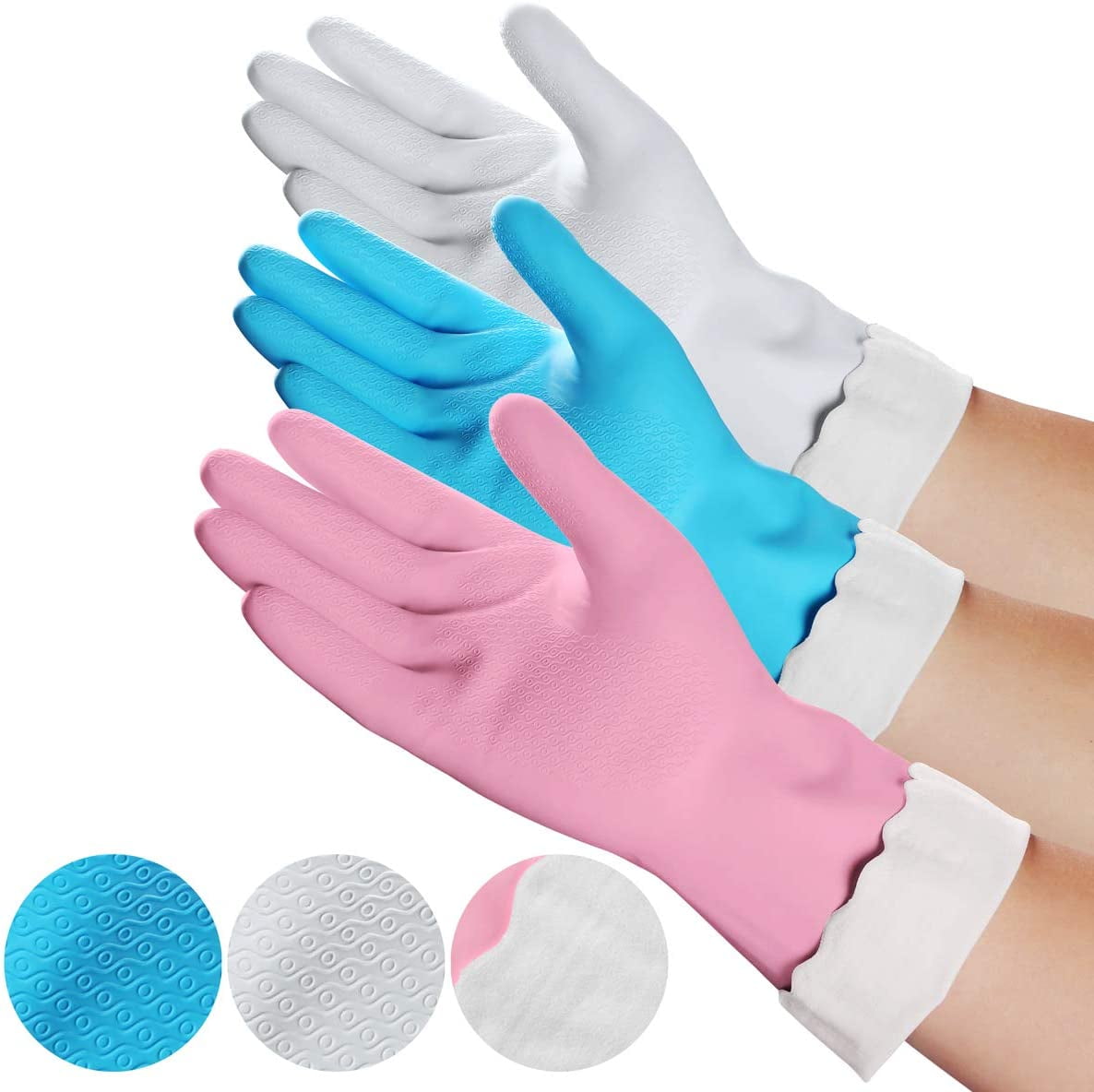 Rubber Cleaning Gloves Kitchen Dishwashing Glove 3-Pairs,Waterproof 