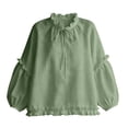 thumbnail image 3 of Lenpel Womens Fall Tops Casual Crew Neck Balloon Long Sleeve Blouses Oversized Fashion Ruffle Trim Tie Front Shirts, 3 of 4