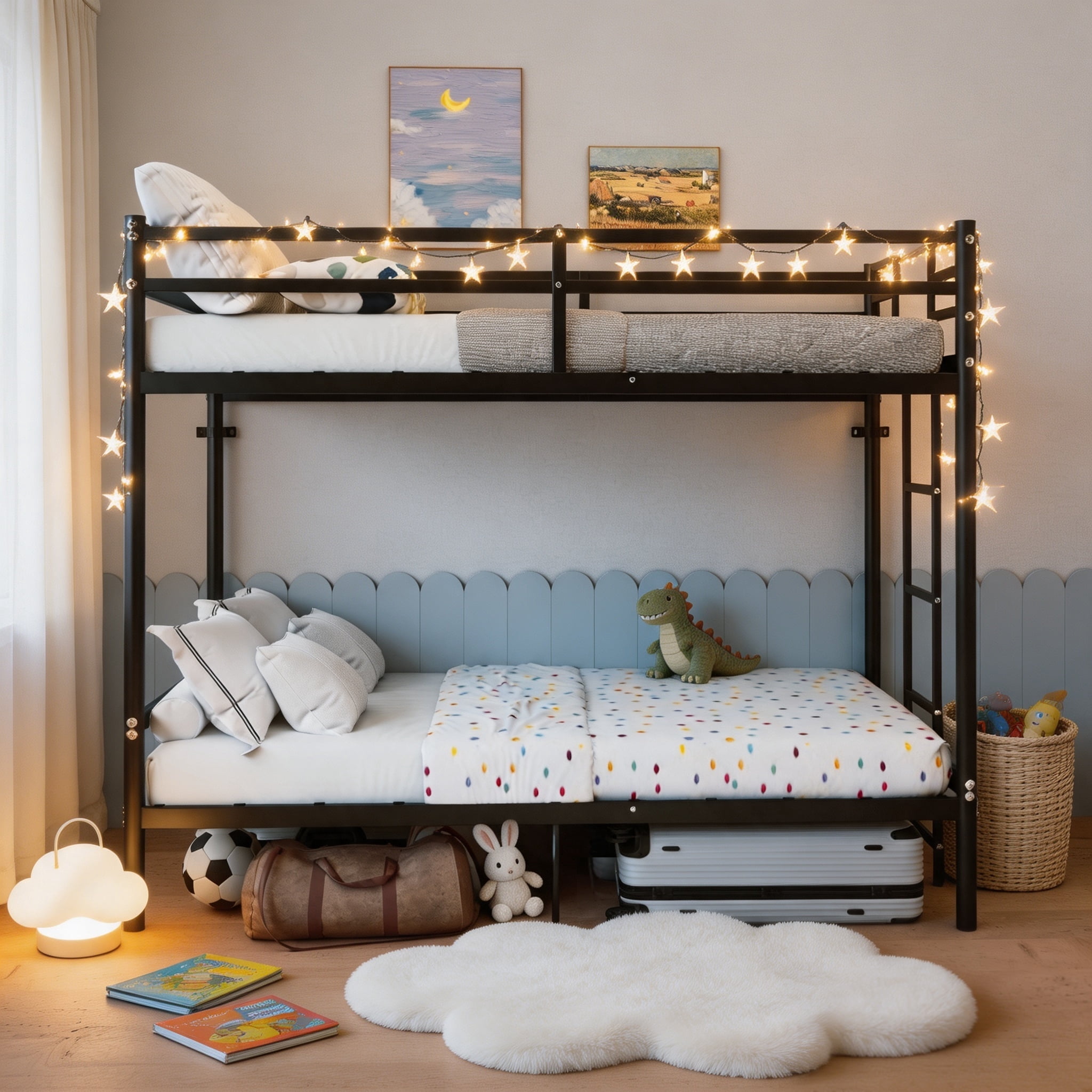 Bunk Bed with Ladder and high Guardrail, Able to Split, Metal Bunk Bed, Storage Space, Noise Free,Twin Over Twin Size,Black