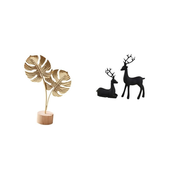 CoudarTitie Nordic Creative Metal Leaf and Black Deer Resin Reindeer Figurine Abstract Sculpture Ornament for Tabletop Home Party Living Room Study Balcony