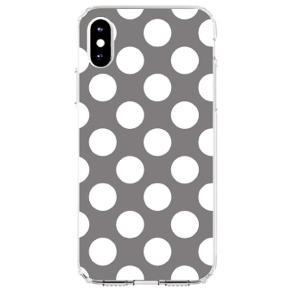 DistinctInk Clear Shockproof Hybrid Case for iPhone XR (6.1" Screen) - TPU Bumper, Acrylic Back, Tempered Glass Screen Protector - White & Grey Polka Dots