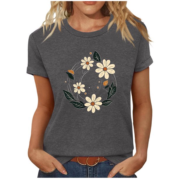 Tops de Manga Corta de las Mujeres, Cuello Redondo Impreso, Camiseta de Manga Corta para las Mujeres