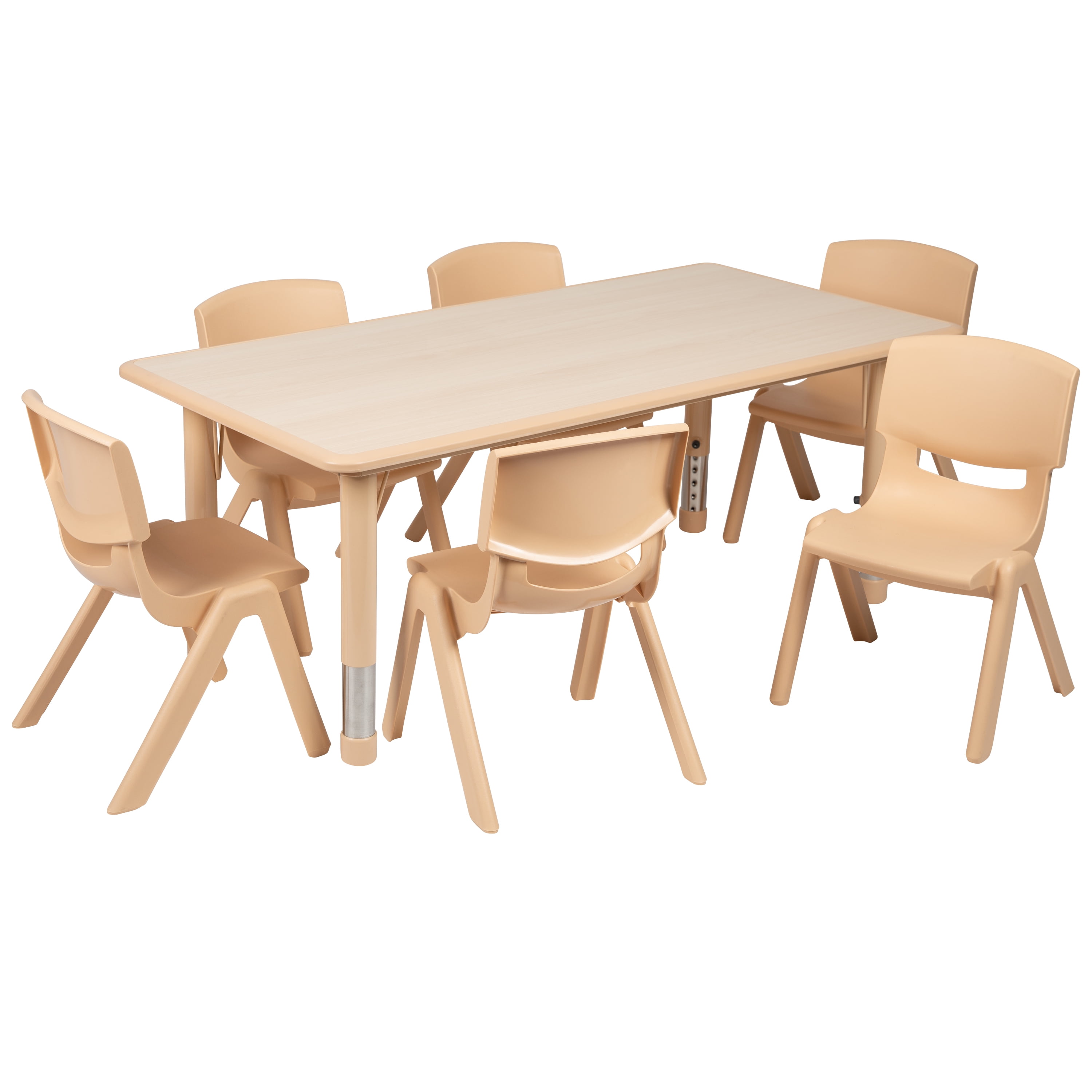 BizChair 23.625"W x 47.25"L Rectangular Natural Plastic Height Adjustable Activity Table Set with 6 Chairs