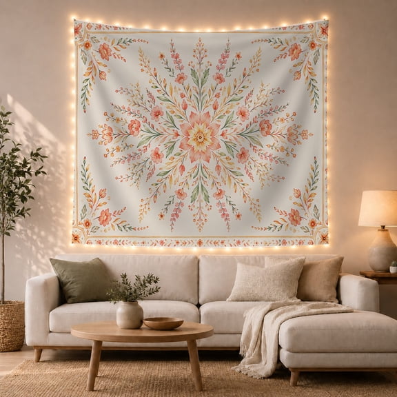 Watercolor Floral Mandala Set Against Pale Cream Background Peaceful Watercolor for Boho Decor Lovers Feminine Floral Wall Art Birthday Gift Tapestry Wall Hanging for Bedroom and Living Room