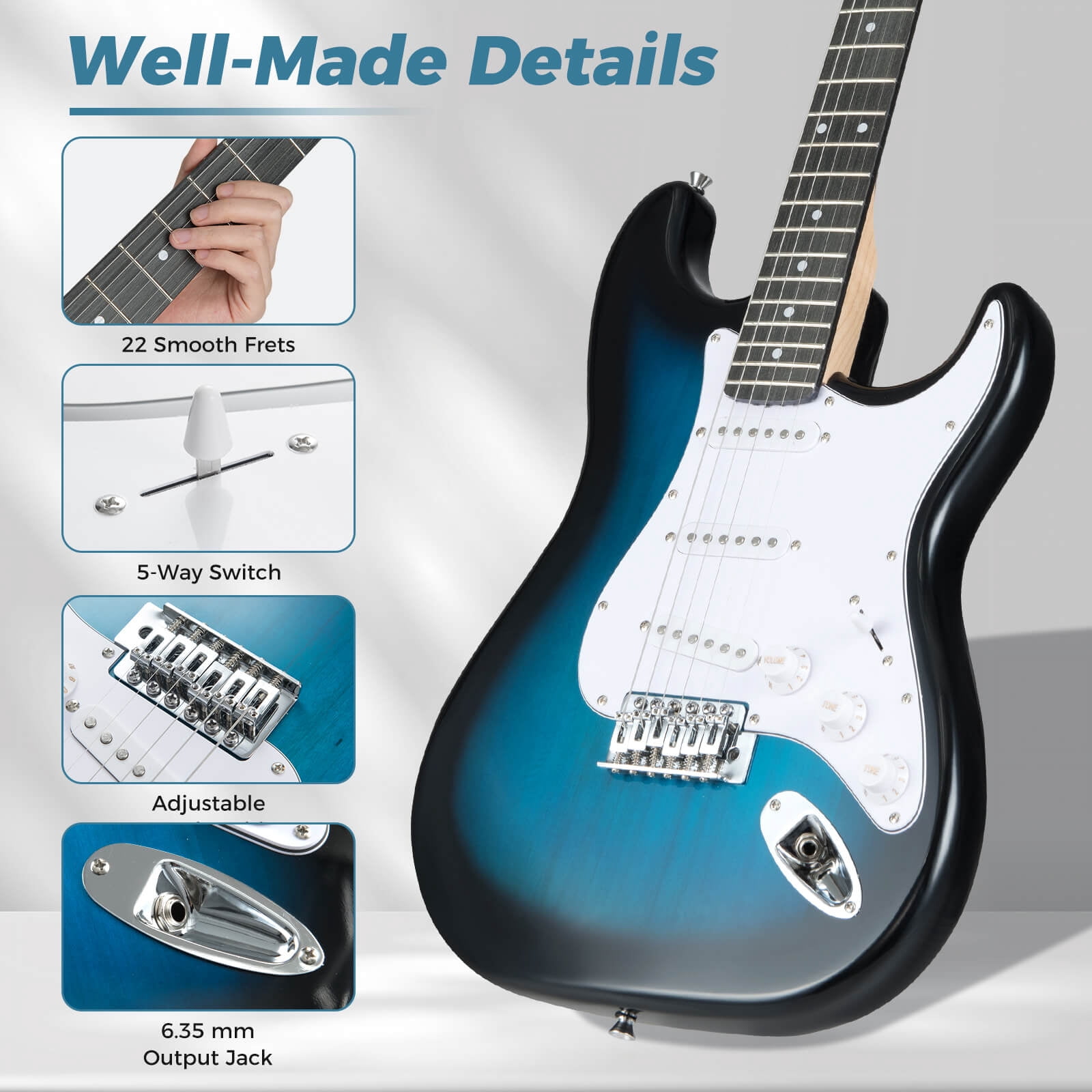 Costway 39" Electric Guitar Beginner Kit with Amplifier, Classic SSS Pickup, Gig Bag, Capo Blue