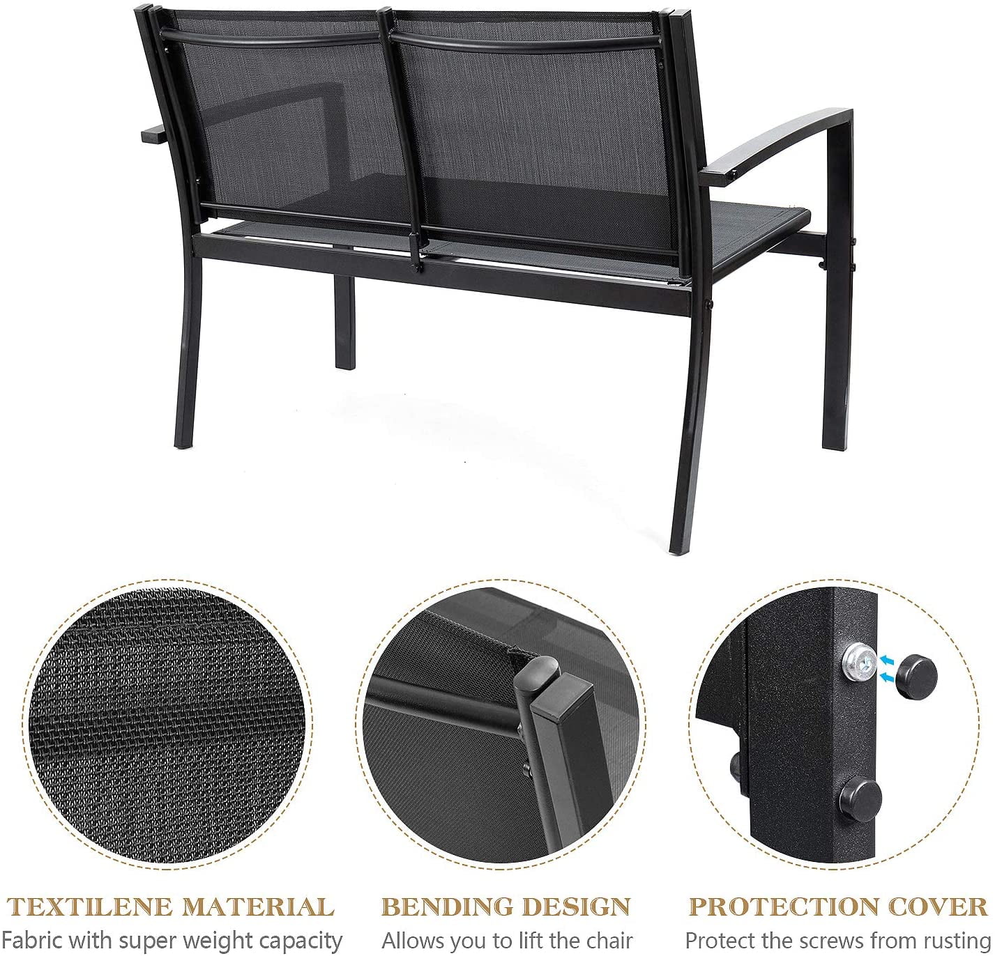 Devoko 4 Pieces Patio Furniture Outdoor furniture Outdoor Patio Furniture Set Textilene Bistro Set Modern Conversation Set Black Bistro Set with Loveseat Tea Table for Home, Lawn and Balcony (Black)