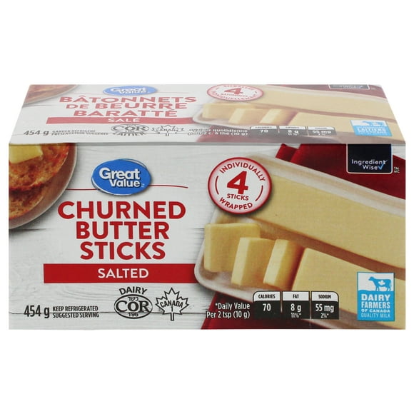 Great Value Salted Churned Butter Sticks, 4 Sticks, 454 g