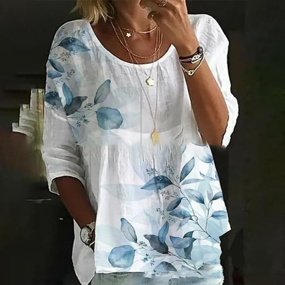 Womens Tops Women Cotton Linen 3/4 Sleeve Floral Leaf Print Dressy Blouse Tops Spring Summer Oversized Loose Flowy Shirt 2025 Shirts for Women