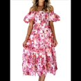 thumbnail image 1 of Vestido Midi Informal de Verano para Mujer, de Corta, Abullonado, con Cuello Cuadrado y Volantes Escalonados Flores de Color Rojo XL, 1 of 7