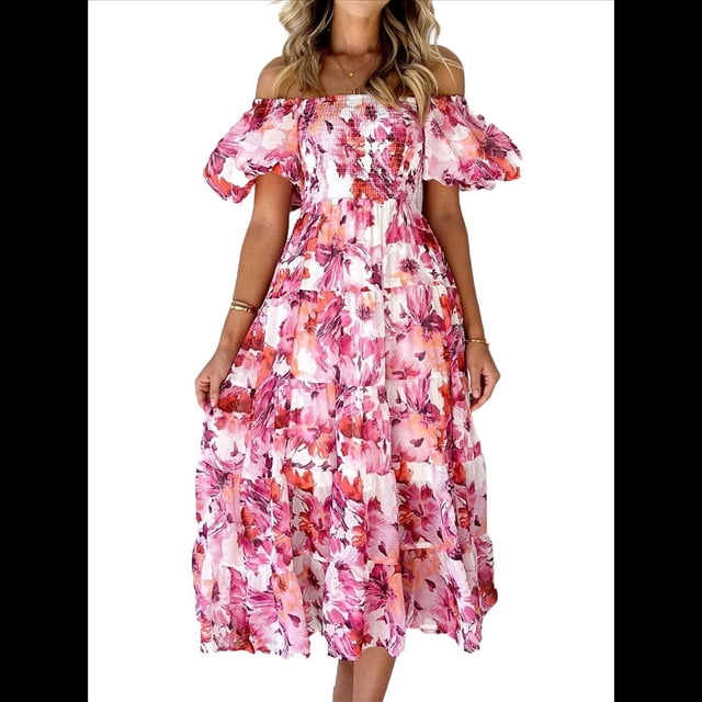 Vestido Midi Informal de Verano para Mujer, de Corta, Abullonado, con Cuello Cuadrado y Volantes Escalonados Flores de Color Rojo XL