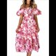 thumbnail image 1 of Vestido Midi Informal de Verano para Mujer, de Corta, Abullonado, con Cuello Cuadrado y Volantes Escalonados Flores de Color Rojo L, 1 of 7