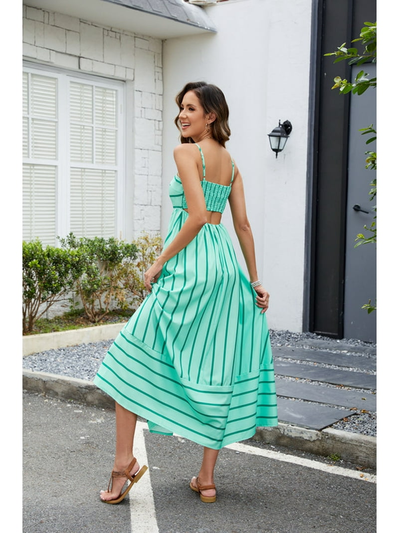 HVEOO Women Boho Long Dress Spaghetti Strap Flowy Maxi Dress Beach