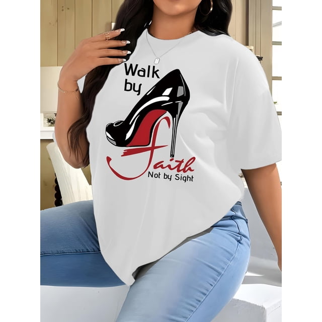 Walk By Faith Print T-shirt, Casual Short Sleeve Crew Neck Top For Spring & Summer, Women's Clothing Tee For Adult, Men, Women, Teen, Teenager, Adolescent, Youth